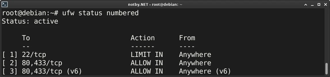 Вывод списка правил файрвола с указанием их номеров командой “ufw status numbered” в консоли Debian сервере, открыты TCP 22, 80, 443 порты