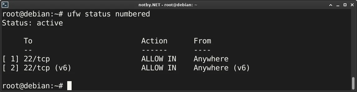 Вывод списка правил файрвола командой “ufw status numbered” в консоли Debian сервере, открыт TCP 22 порт