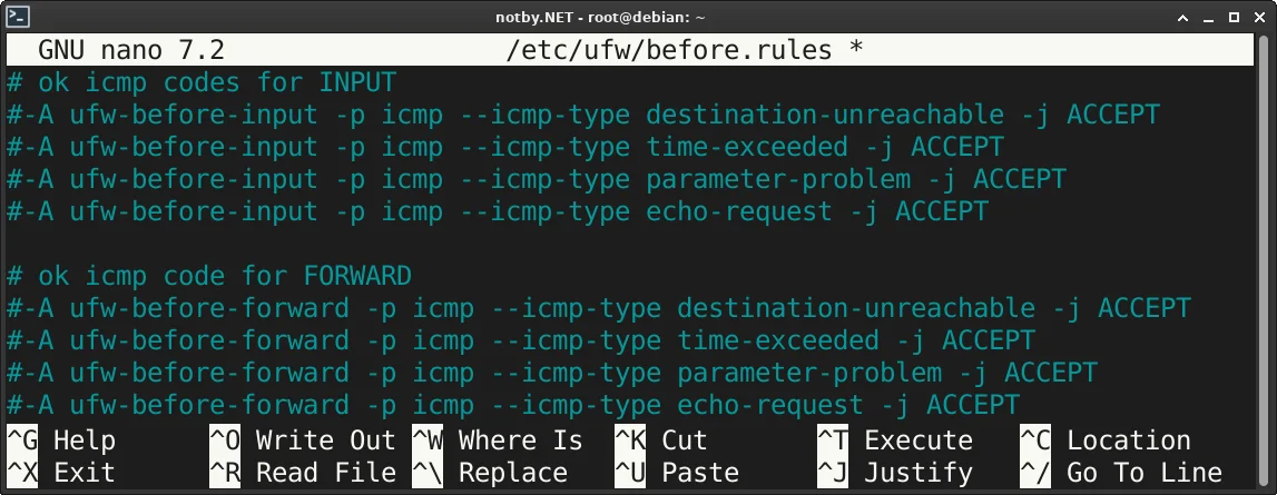 Открыт файл /etc/ufw/before.rules через nano в Debian, закомментированы 8 строк для запрета пинга извне