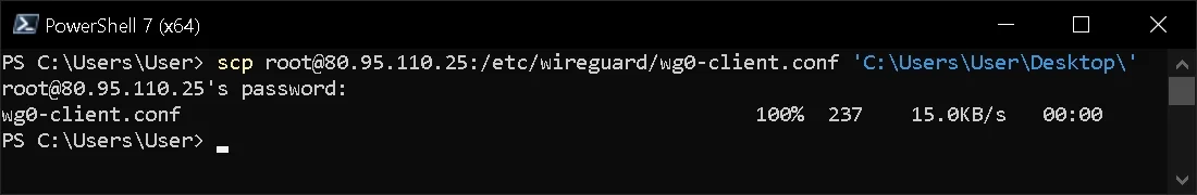 Запущен PowerShell в Windows 10, выполнена команда “scp root@80.95.110.25:/etc/wireguard/wg0-client.conf 'C:\Users\User\Desktop\'”, файл wg0-client.conf успешно скопирован на рабочий стол