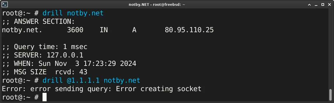 DNS запись для домена notby.net через локальный DNS сервер успешно получена командой “drill notby.net” в консоли FreeBSD, а получение тех же DNS записей через сервер 1.1.1.1 закончилось ошибкой Error: error sending query: Error creating socket