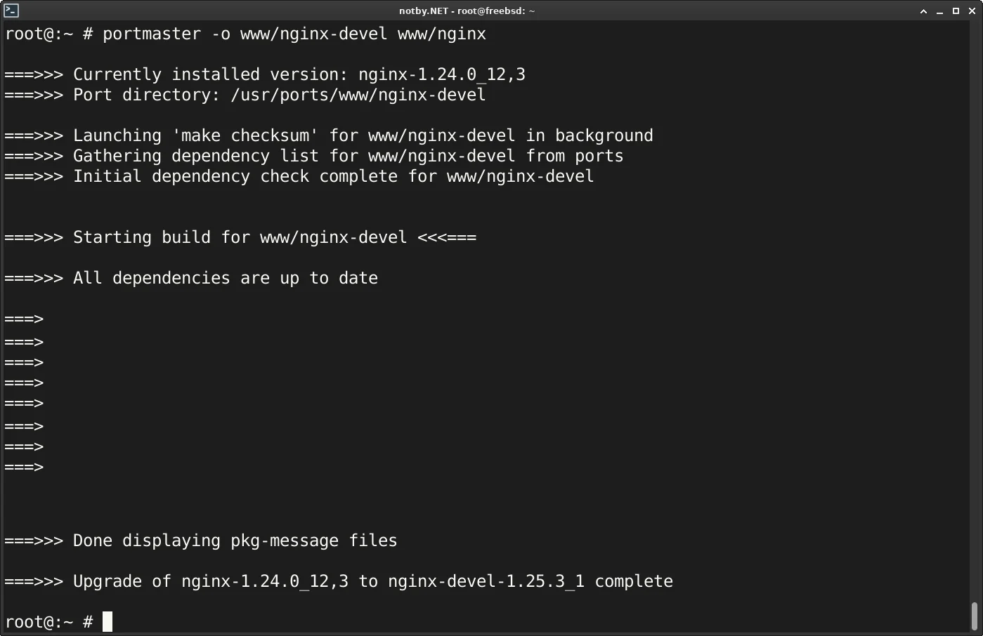 Выполнение команды "portmaster -o www/nginx-devel www/nginx" успешно, nginx был заменен на версию порта nginx-devel 