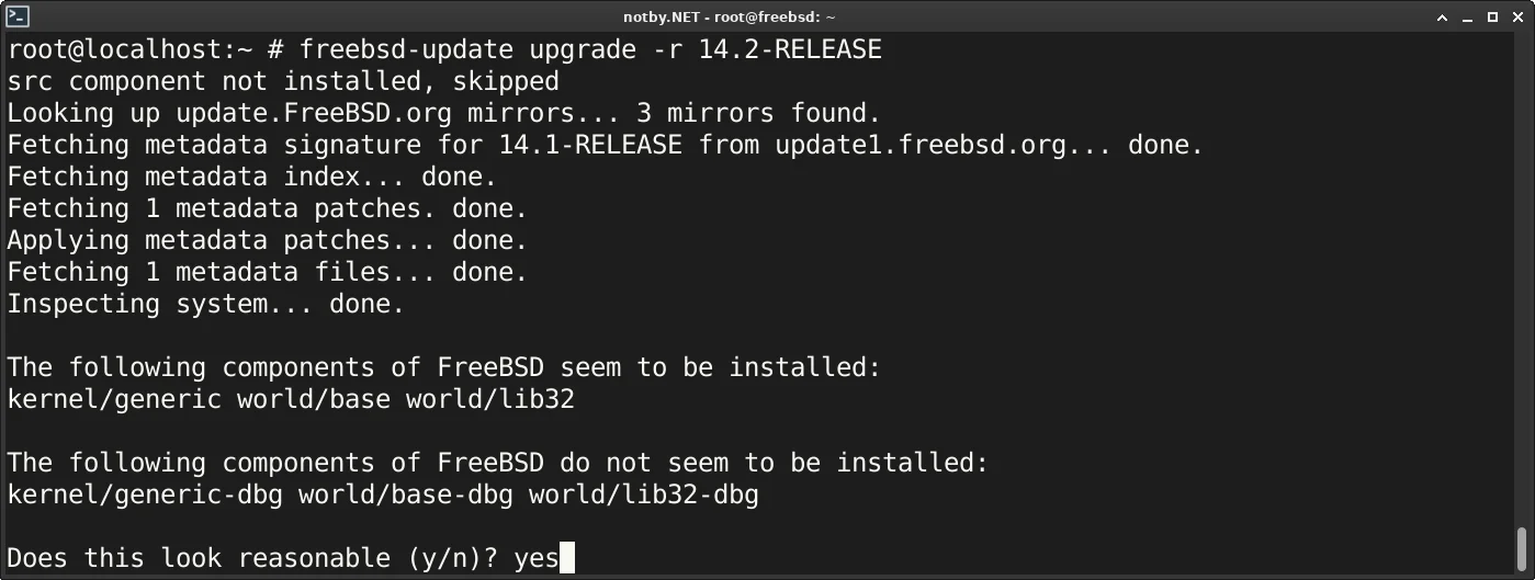 Обновление до версии FreeBSD 14.2 используя команду “freebsd-update upgrade -r 14.2-RELEASE”. На вопрос Does this look reasonable? Ответ yes