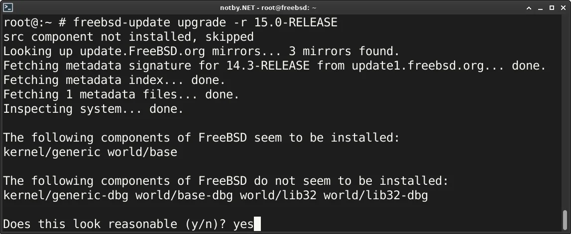 Обновление до версии FreeBSD 15 используя команду "freebsd-update upgrade -r 15.0-RELEASE". На вопрос Does this look reasonable? ответ yes.