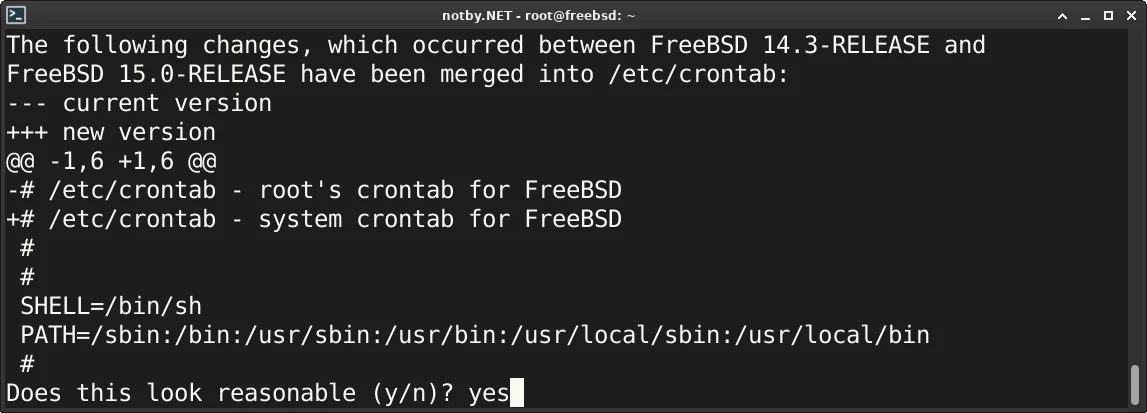 Обновление до версии FreeBSD 15. Показаны какие изменения будут в файле /etc/crontab и задается вопрос “разумны такие изменения?“, ответ yes
