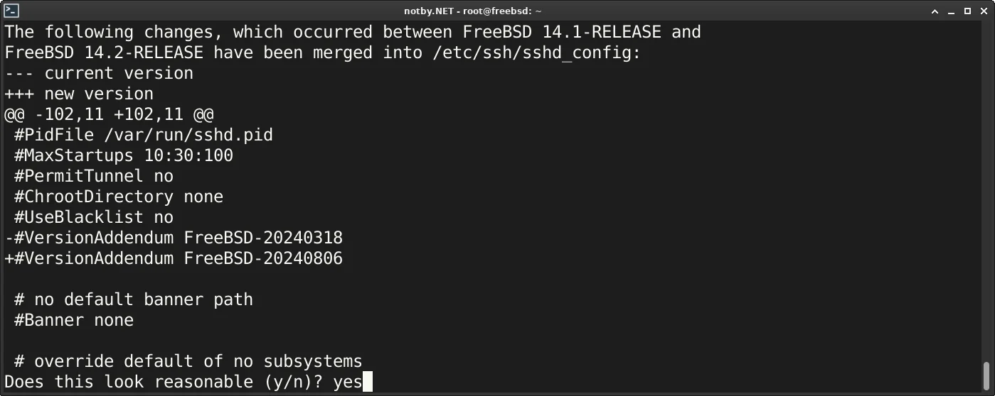 Обновление до версии FreeBSD 14.2. Показаны какие изменения будут в файле /etc/ssh/sshd_config и задается вопрос “разумны такие изменения?“, ответ yes