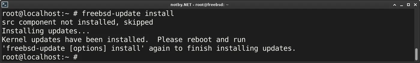 Обновление до версии FreeBSD 14.2. Написана команда “freebsd-update install“. Выведено сообщение “Please reboot and run 'freebsd-update [options] install' again to finish installing updates.“.