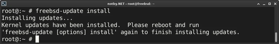 Обновление до версии FreeBSD 15. Выполнена команда “freebsd-update install”. Выведено сообщение: Please reboot and run 'freebsd-update [options] install' again to finish installing updates.